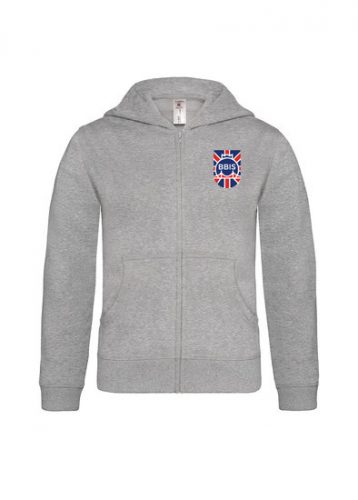 Grey Hooded Full Zip/kids Sweat with embroidered school badge 